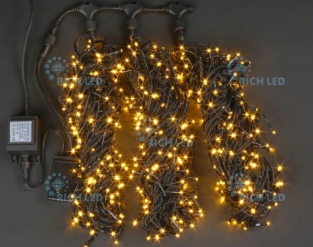 Светодиодная гирлянда 3 нити по 20 м, 24V, желтая, черный провод, RL-T3*20N2-B/Y