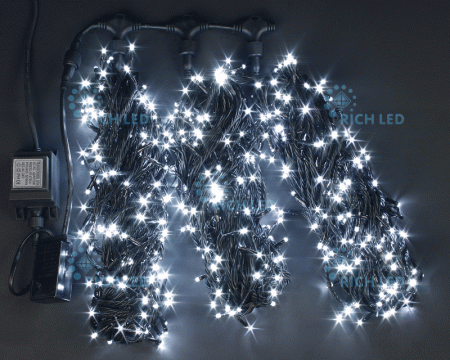 Светодиодная гирлянда 3 нити по 20 м, 24V, белая, мерцающая, черный провод, RL-S3*20F-B/W