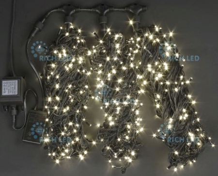 Светодиодная гирлянда 3 нити по 20 м, 24V, теплая белая, черный провод, RL-T3*20N2-B/WW