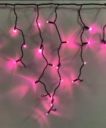 Светодиодная бахрома 2*0,6 м, розовая, постоянного свечения, черный провод